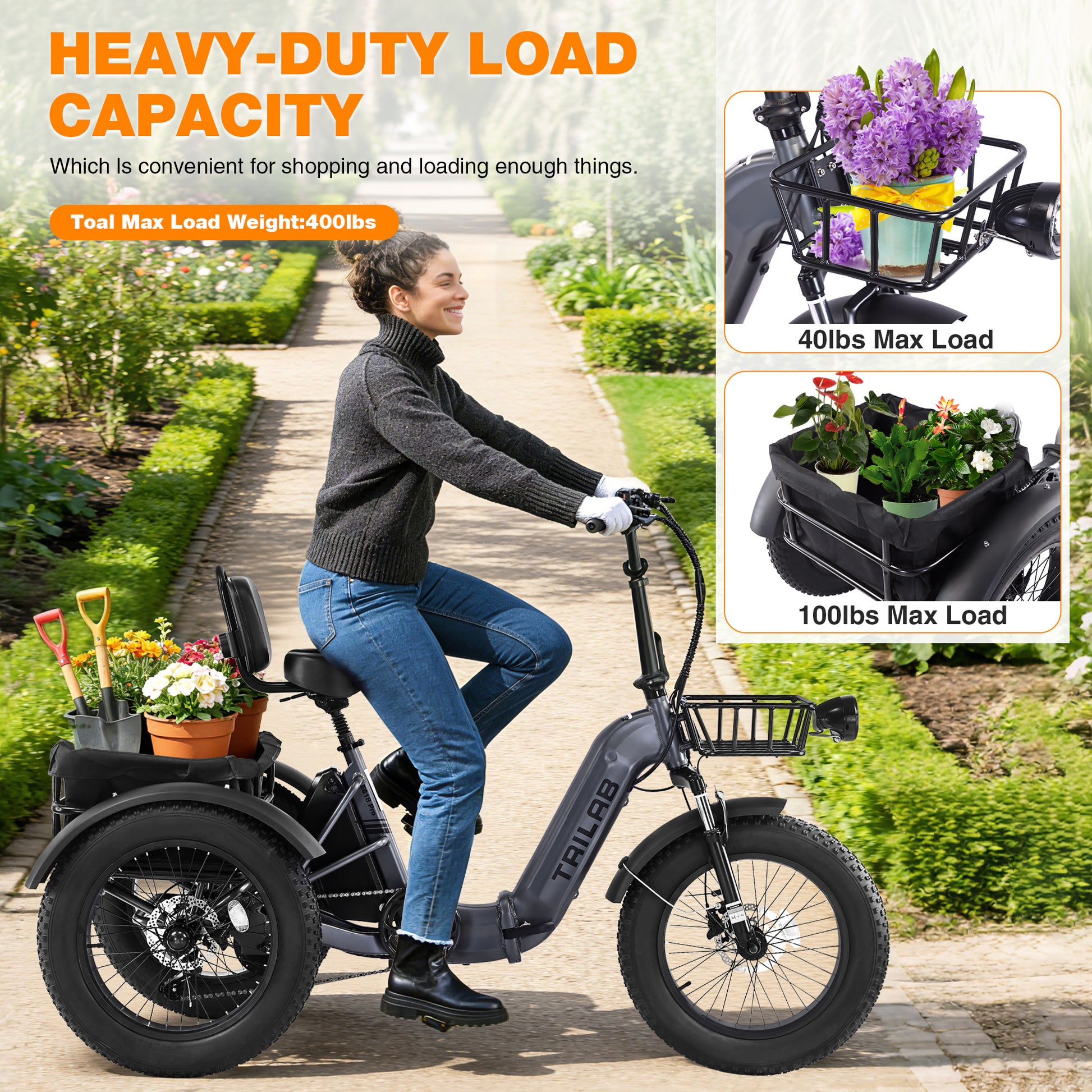 Electric Tricycle for Adults, 500W48V Folding Electric Trike, 20"x4.0"Fat Tire 3 Wheel Ebike,Step-Thru Aluminum Frame with Push-Button Reverse, Large Basket for Women Men image 10