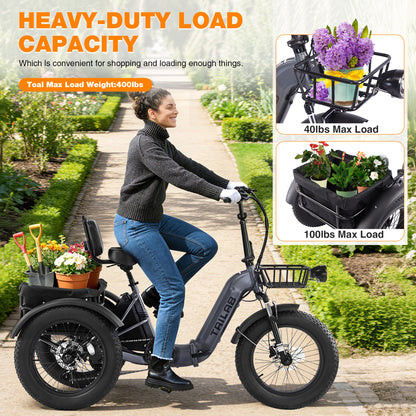 Electric Tricycle for Adults, 500W48V Folding Electric Trike, 20"x4.0"Fat Tire 3 Wheel Ebike,Step-Thru Aluminum Frame with Push-Button Reverse, Large Basket for Women Men image 10