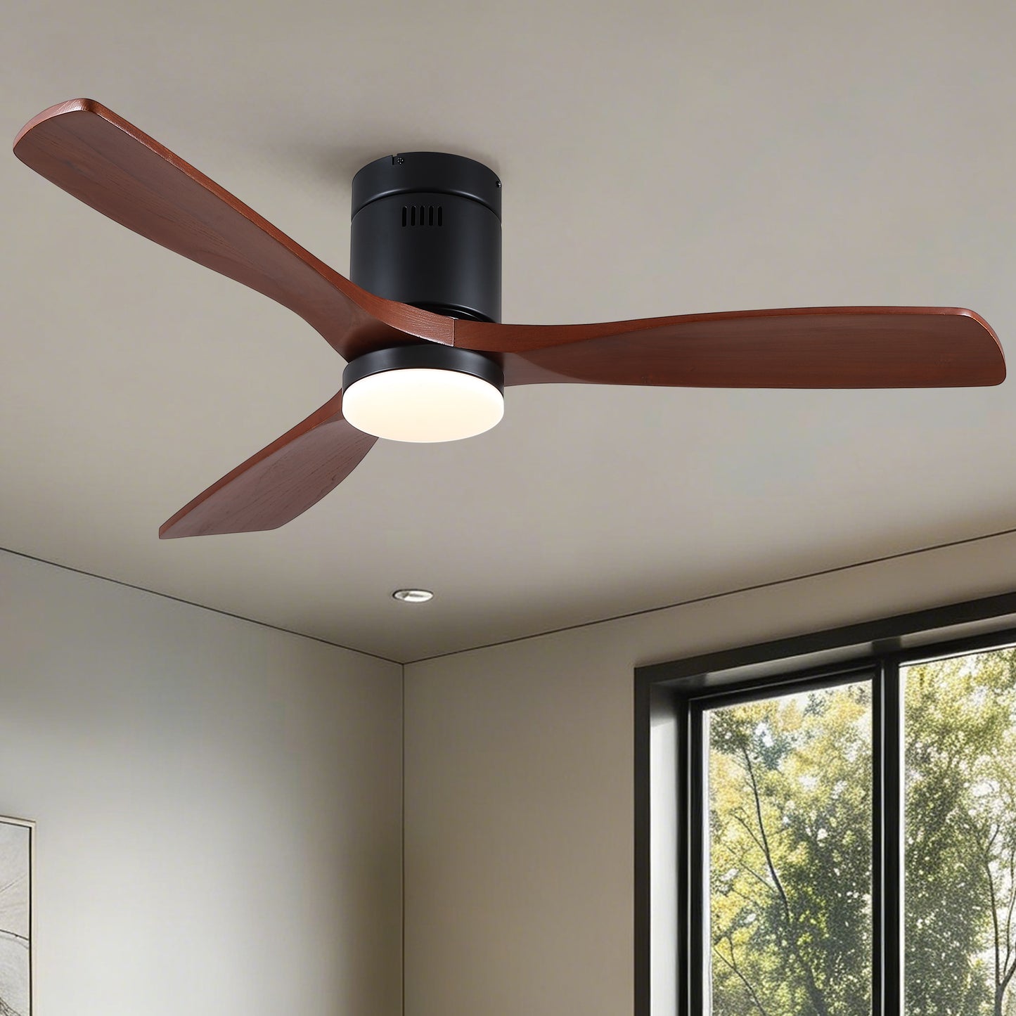 52 inch Mordern Matte Black Farmhouse Retro Solid Wood Low Profile Flush Mount Intergrated LED Ceiling Fan with Light image 1