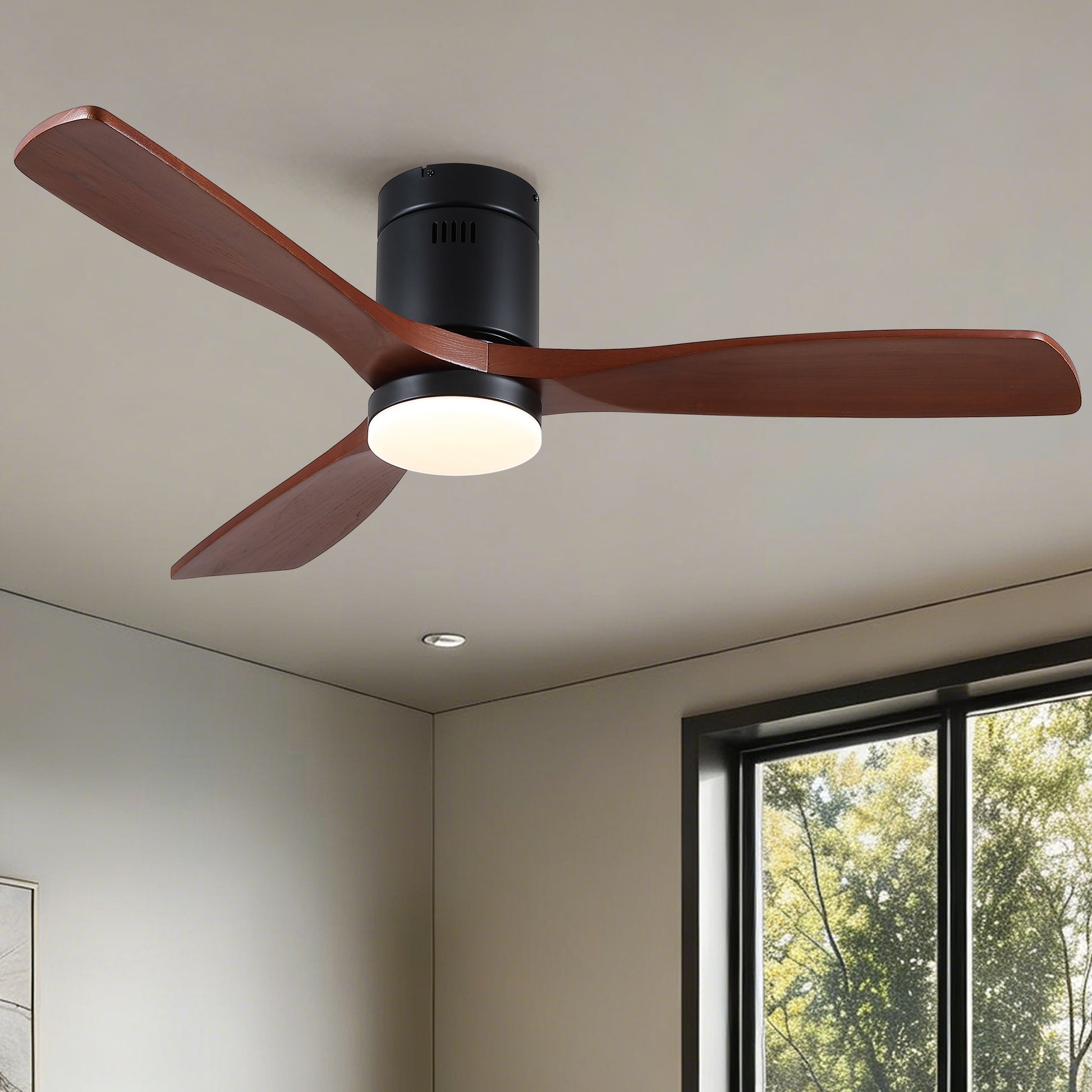 52 inch Mordern Matte Black Farmhouse Retro Solid Wood Low Profile Flush Mount Intergrated LED Ceiling Fan with Light image 1