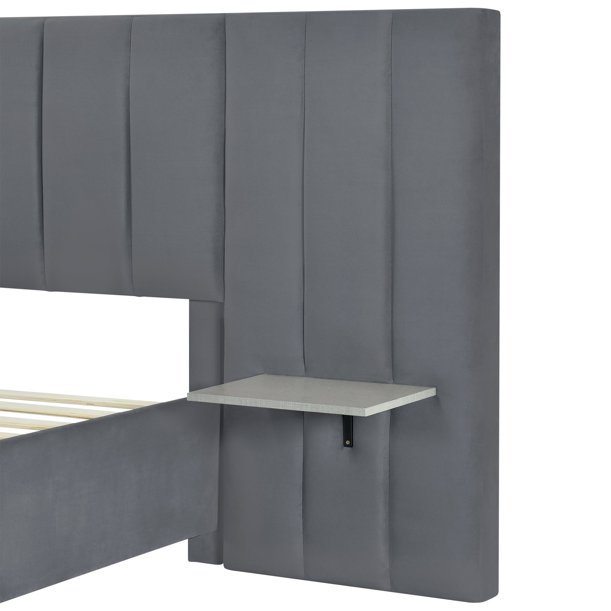 Queen Size Upholstered Platform Bed with Big Headboard, Bedroom Furniture, Velvet, Gray image 10