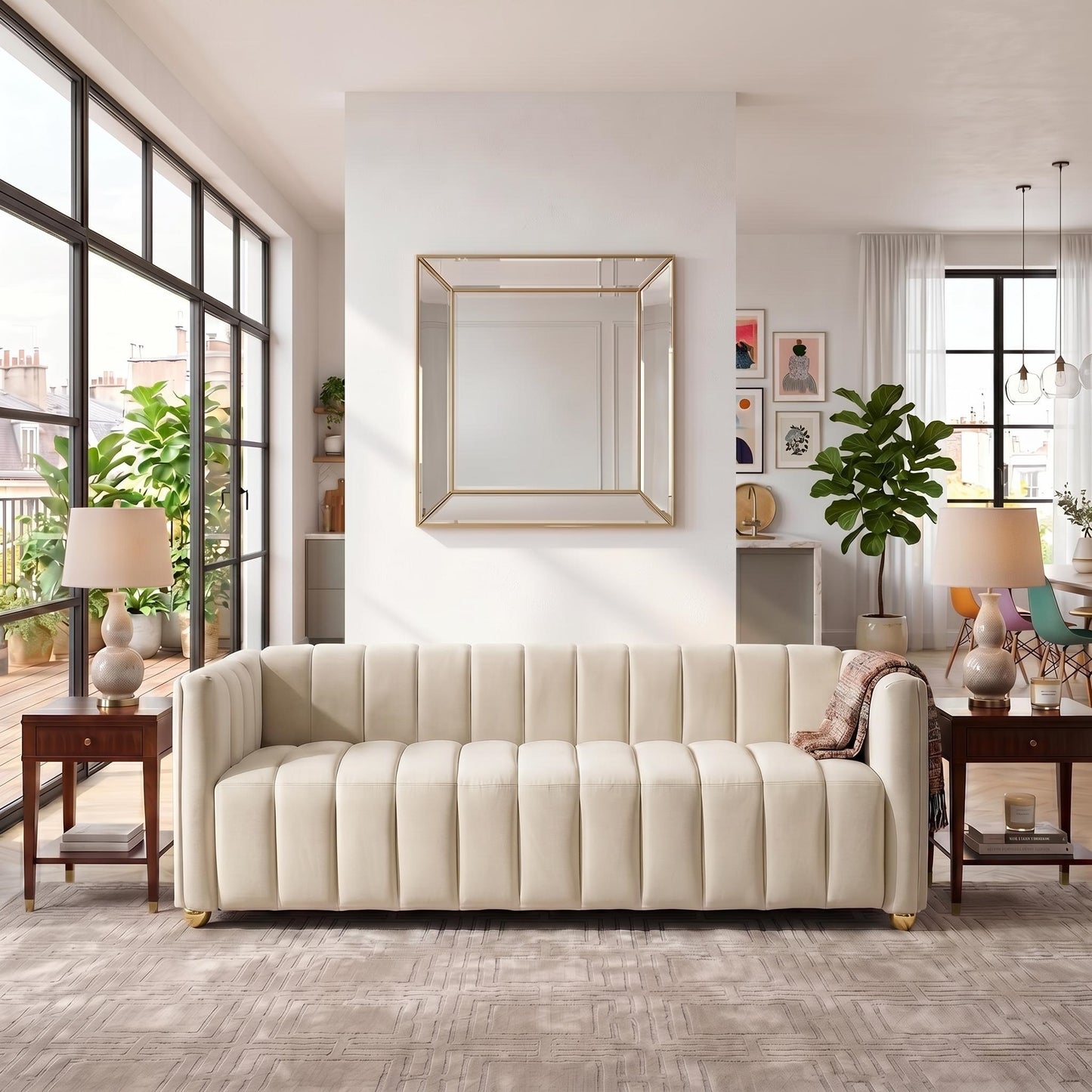 Modern Glam Vertical Channel Tuft Sofa, 82.7" Wide Leather Look Fabric Couch with Continuous Seat, Sturdy Wood Frame Comfort Cushioned Sofa for Apartment Lounge image 7