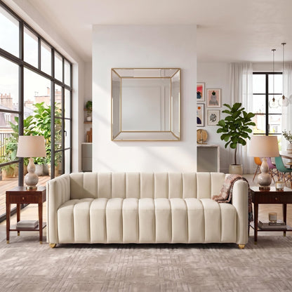 Modern Glam Vertical Channel Tuft Sofa, 82.7" Wide Leather Look Fabric Couch with Continuous Seat, Sturdy Wood Frame Comfort Cushioned Sofa for Apartment Lounge image 7