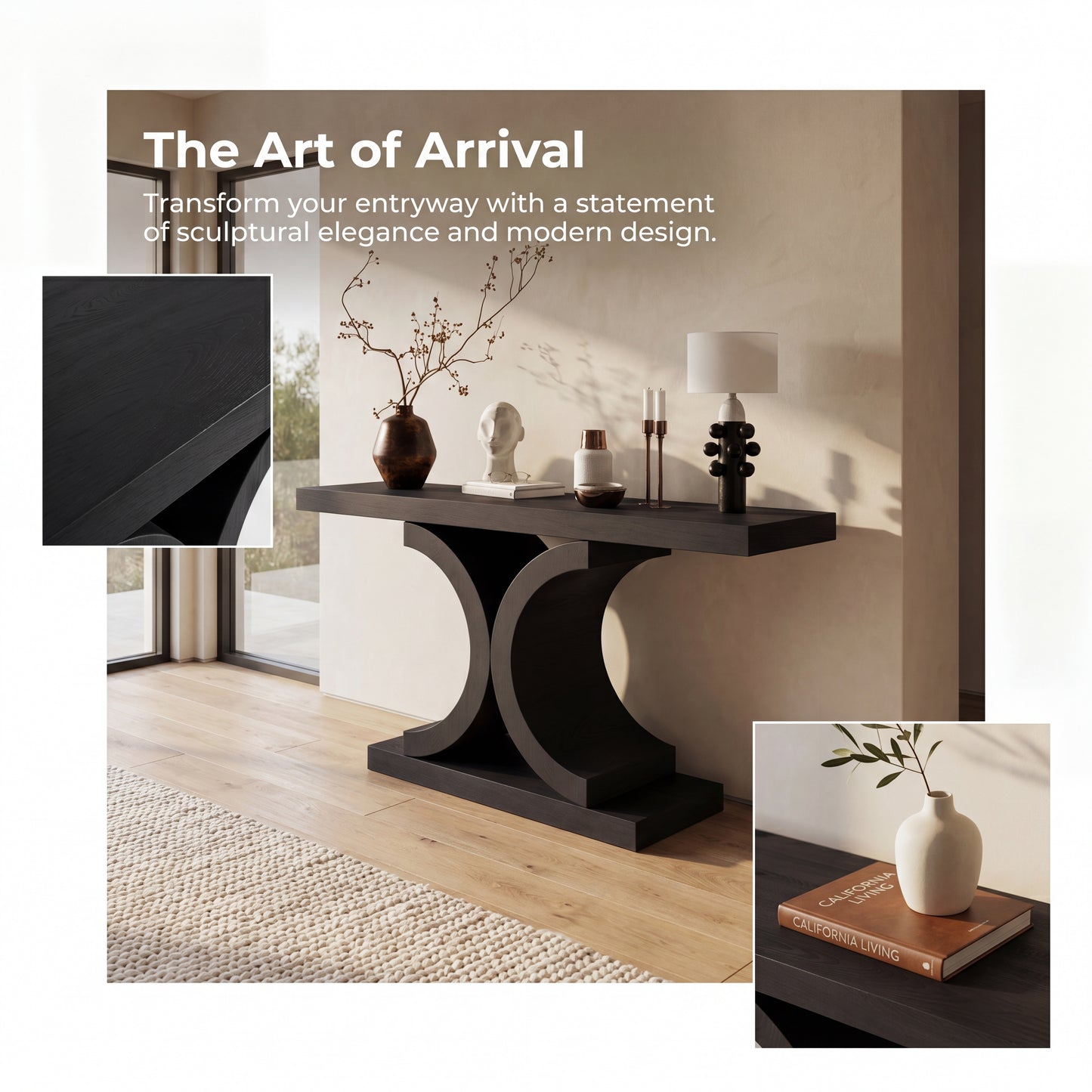 60" Black Console Table, Modern Narrow Sofa Table with Sculptural Curved Base, MDF with Real Wood Veneer Entryway Table, for Living Room, Hallway, Foyer, Black Oak image 11