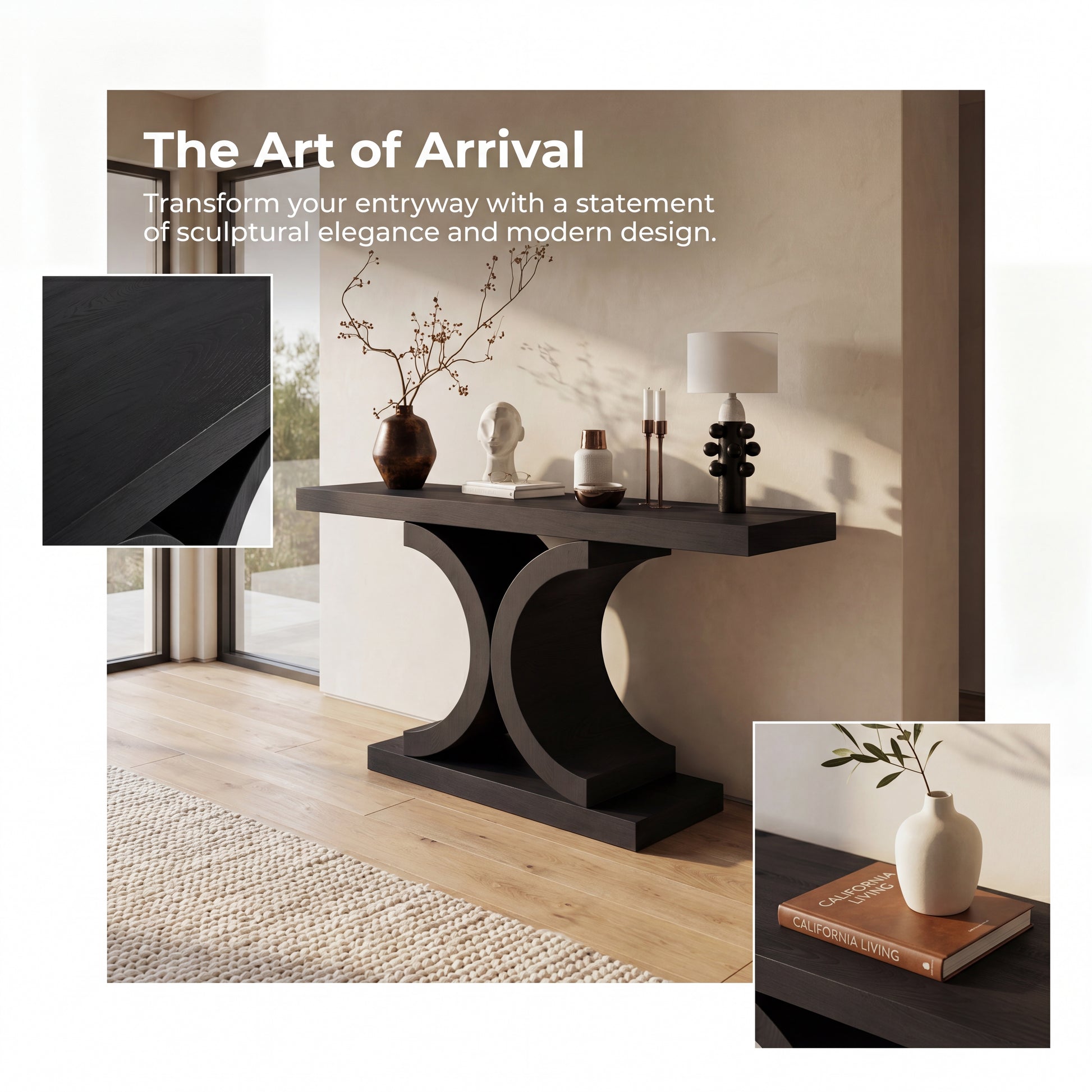 60" Black Console Table, Modern Narrow Sofa Table with Sculptural Curved Base, MDF with Real Wood Veneer Entryway Table, for Living Room, Hallway, Foyer, Black Oak image 11