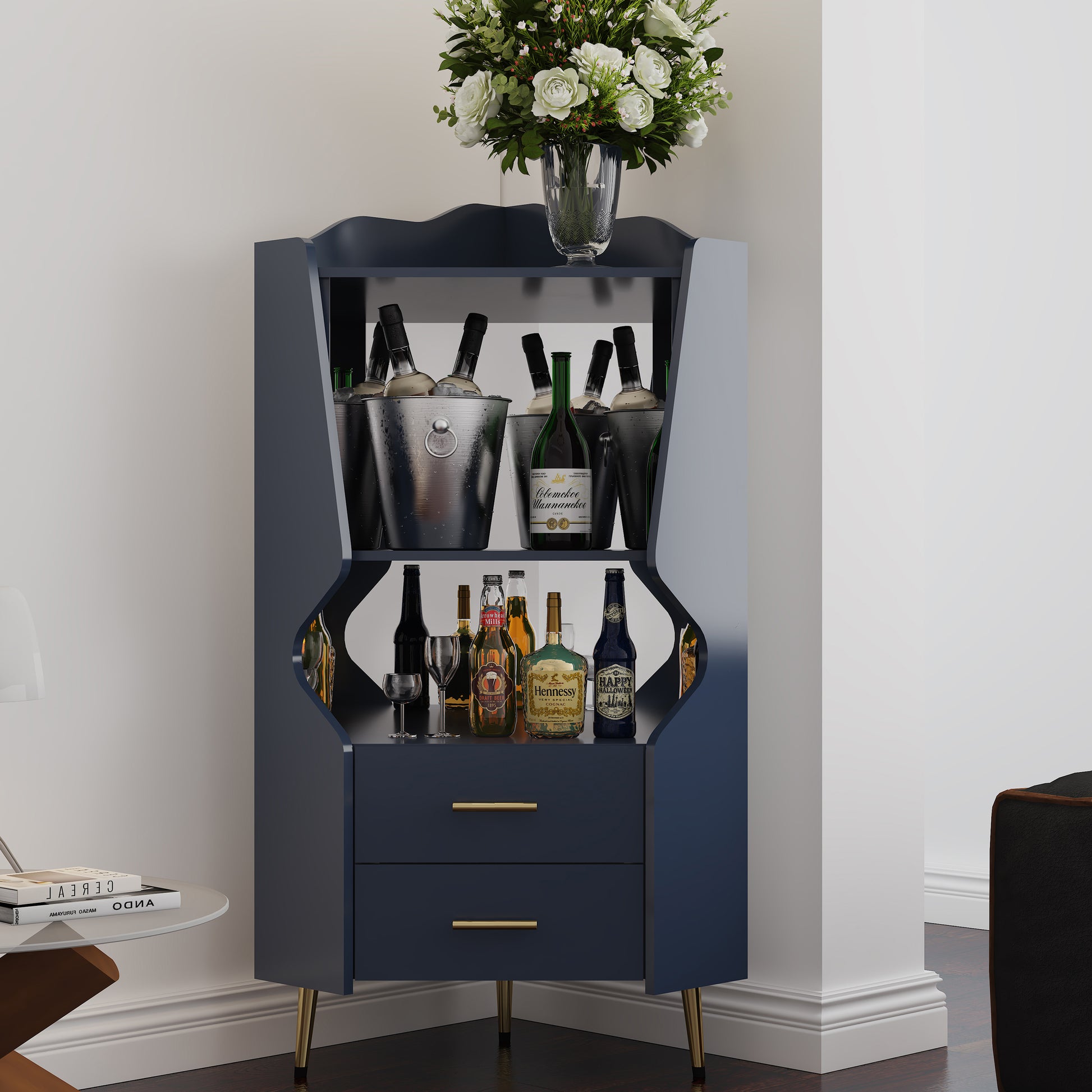 Wooden Corner bar cabinet with 2 open storage shelves and 2 drawers, mirrored back sideboard cabinet, high feet/legs for easy cleaning, buffet cabinet BLUE image 1