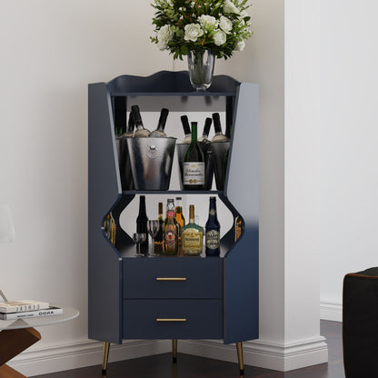 Wooden Corner bar cabinet with 2 open storage shelves and 2 drawers, mirrored back sideboard cabinet, high feet/legs for easy cleaning, buffet cabinet BLUE image 1