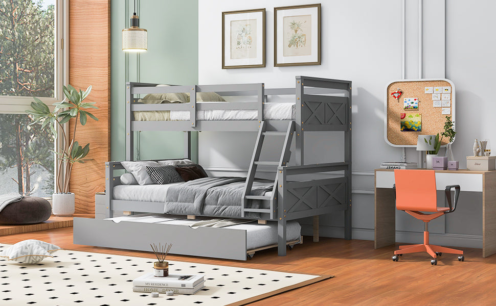 Twin over Full Bunk Bed with Ladder, Twin Size Trundle, Safety Guardrail, Gray image 4
