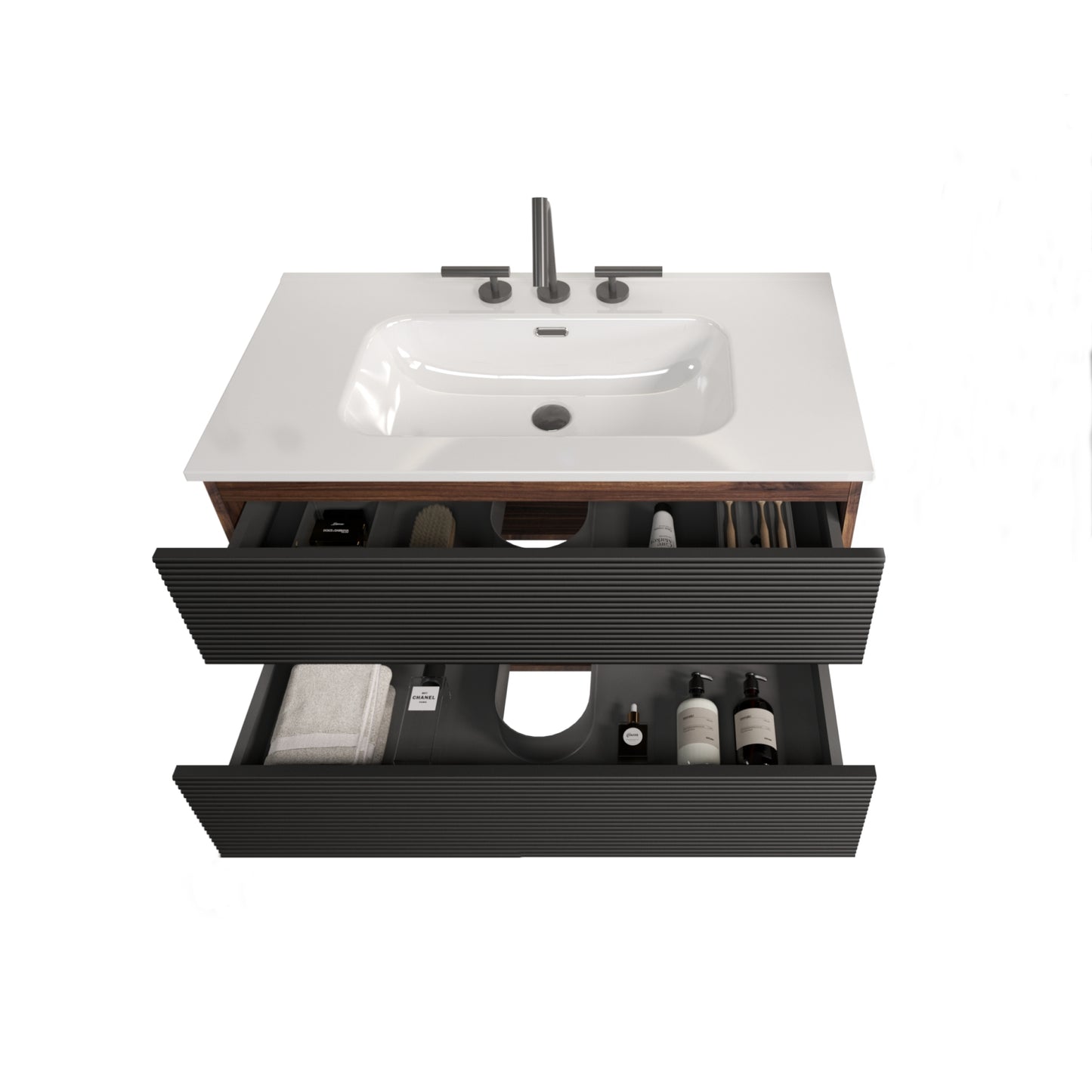Gloria 36" Wall Mounted Soft Black & Walnut Bathroom Vanity with Integrated Ceramic Sink with 3 holes, with Overflow, Large Storage Floating Bathroom Vanity for Modern Bathroom, KD image 10