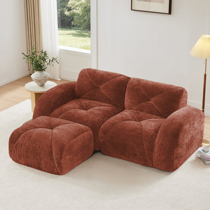 L-shaped Boneless Sofa,Soft Velvet Fabric,Tufted Design,32D High Density Sponge,No Assembly Required,Ergonomic Design,Bottom Anti-Slip Design,Movable Ottoman For Bedrooms,Red Brown image 1