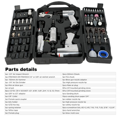 71 Piece Air Tool and Accessories Kit, Impact Wrench, Air Ratchet, Die Grinder, Aire Hammer, Hose Fittings, Storage Case image 2
