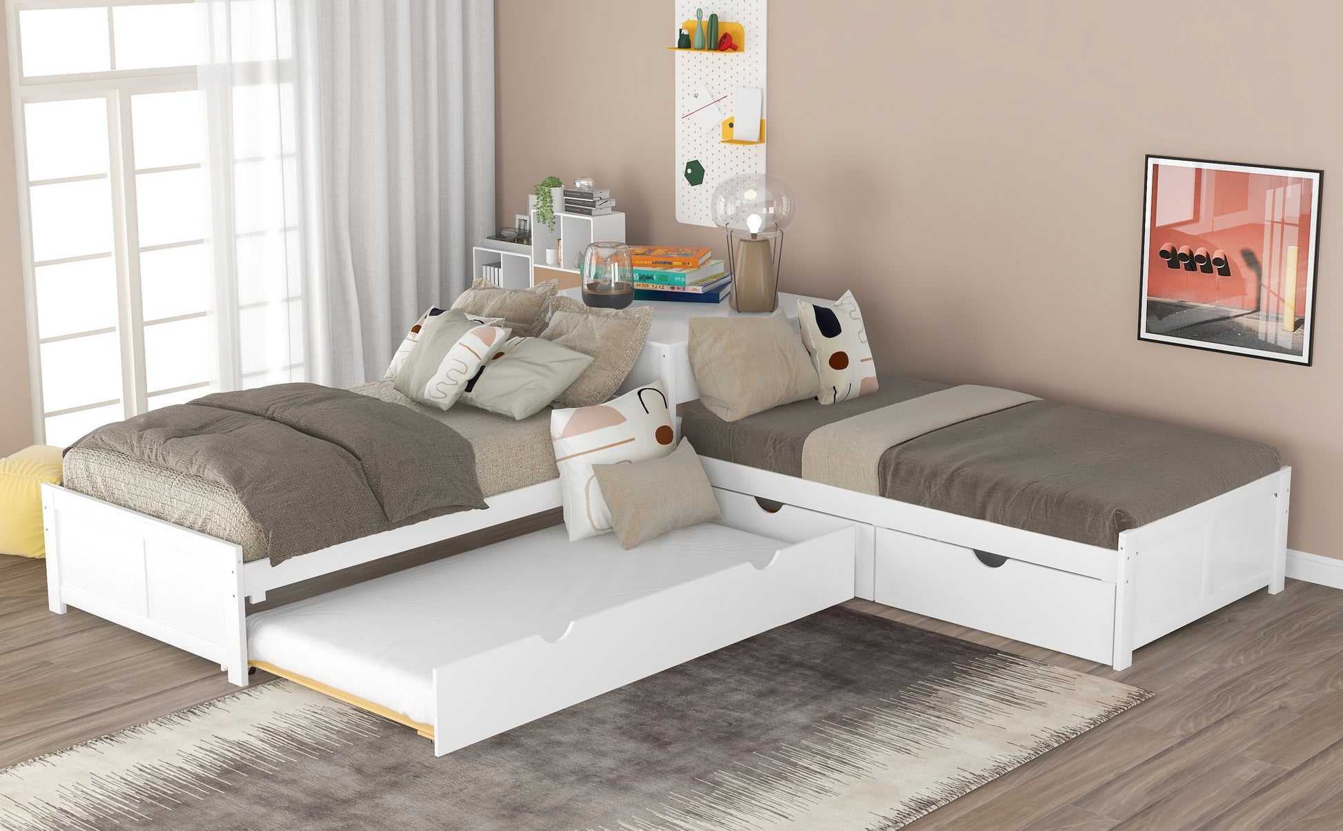 L-shaped Platform Bed with Trundle and Drawers Linked with built-in Desk,Twin,White(Old SKU:SM000916AAK-1) image 4