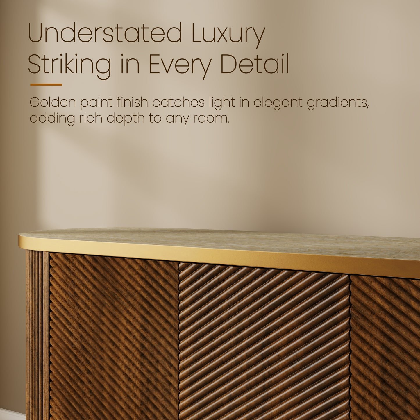 63" Diagonal Fluted Sideboard Cabinet with Storage, 4-Door Walnut Buffet Credenza TV Stand with Gold Trim, Cream Faux Marble-Top Console Table, Modern Cabinet for Dining Room, Living Room, Walnut image 8