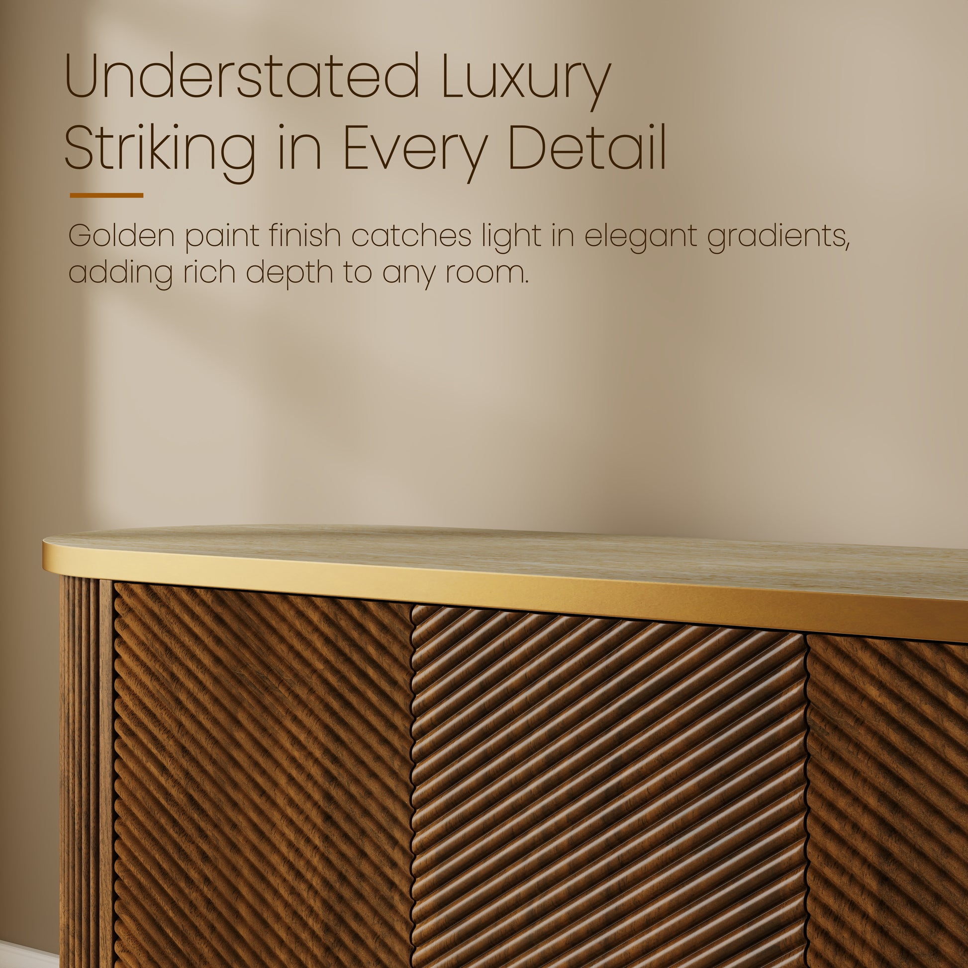 63" Diagonal Fluted Sideboard Cabinet with Storage, 4-Door Walnut Buffet Credenza TV Stand with Gold Trim, Cream Faux Marble-Top Console Table, Modern Cabinet for Dining Room, Living Room, Walnut image 8