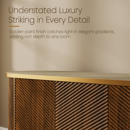 63" Diagonal Fluted Sideboard Cabinet with Storage, 4-Door Walnut Buffet Credenza TV Stand with Gold Trim, Cream Faux Marble-Top Console Table, Modern Cabinet for Dining Room, Living Room, Walnut image 8