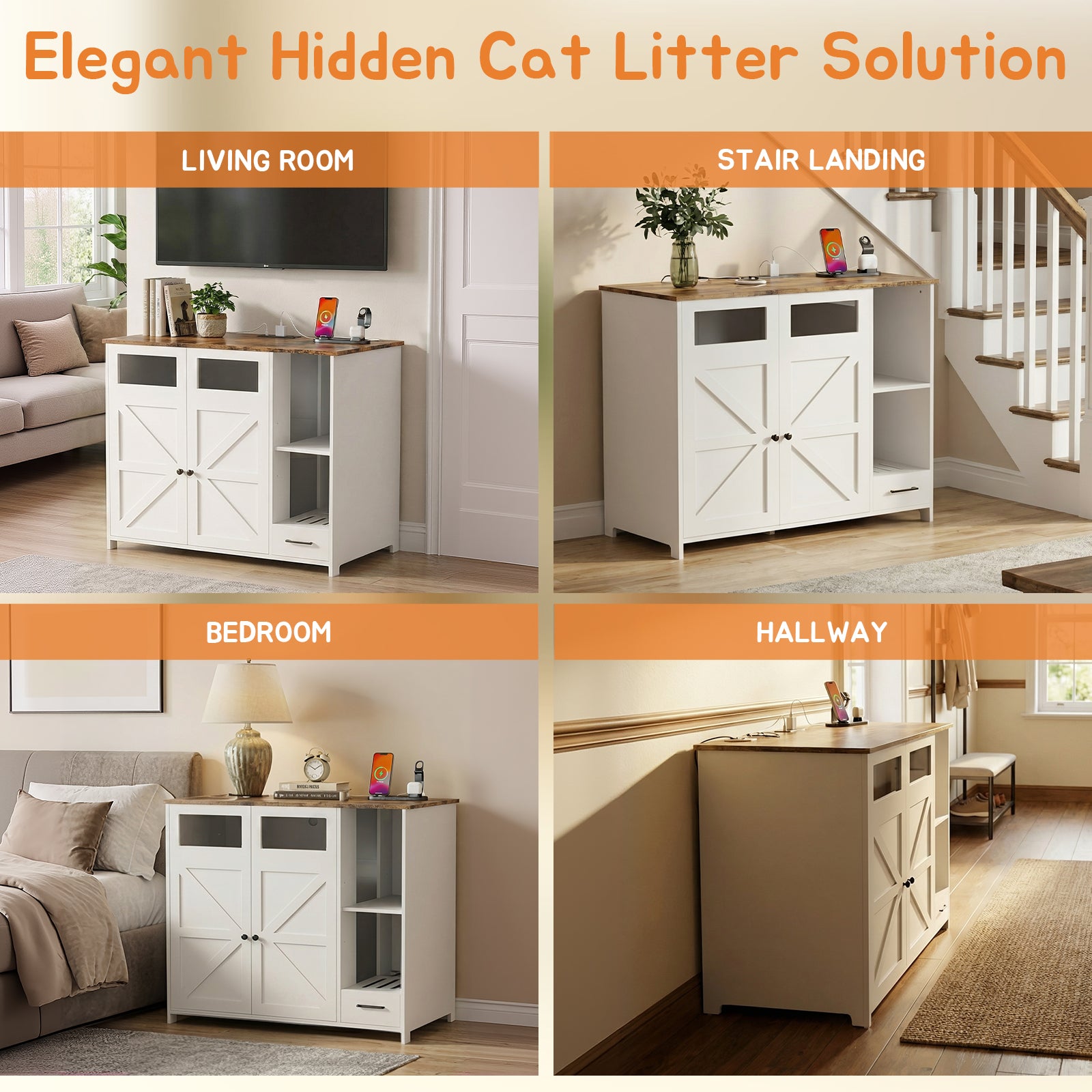 Hidden Cat Litter Box Enclosure Furniture – Large Dog-Proof Litter Box Cabinet with Power Strip, Compatible with Large Self-Cleaning Litter Boxes image 7