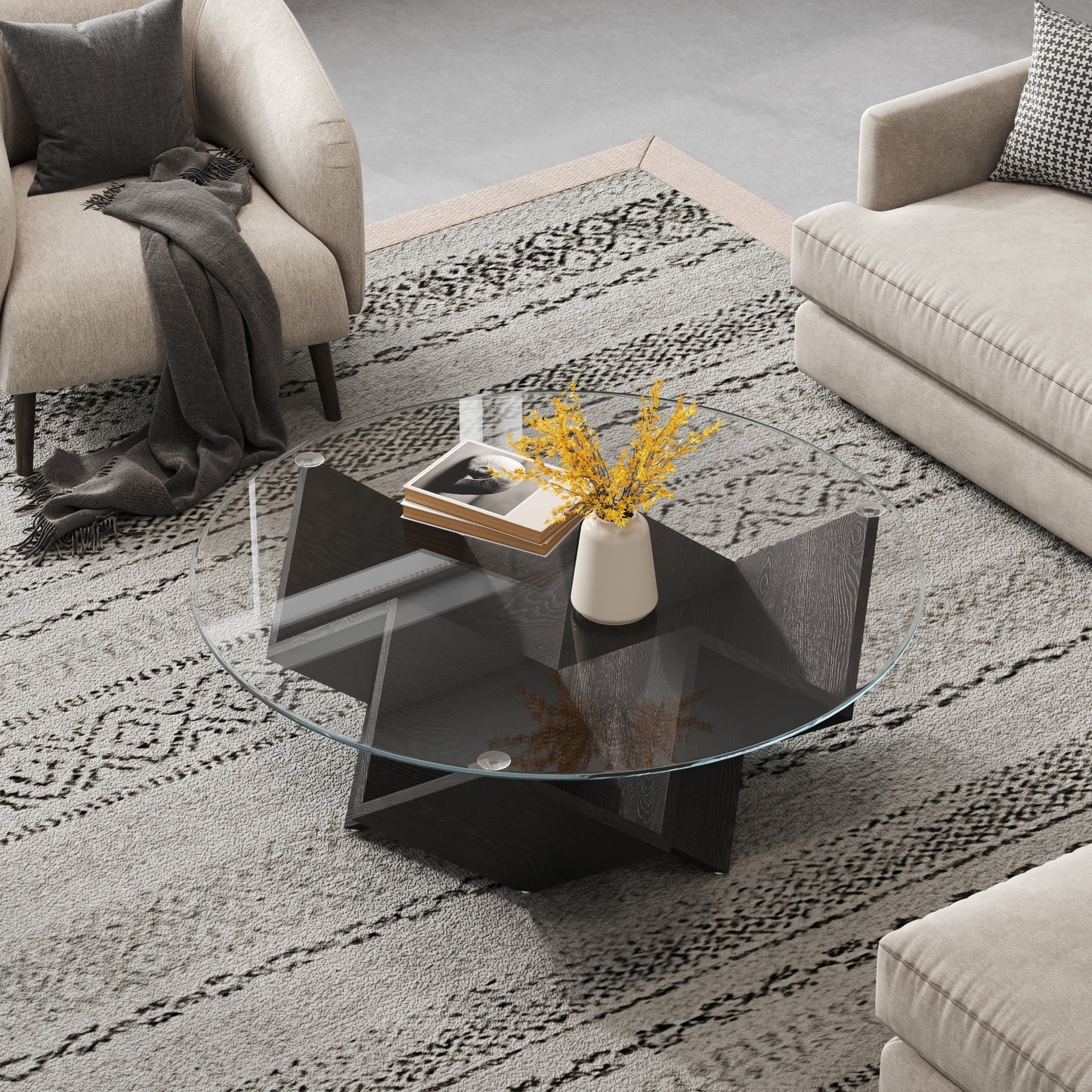 The Round Coffee Table with Glass Top and Geometric Abstract Art Deco Base Storage Shelves, Black, 35.4" image 3