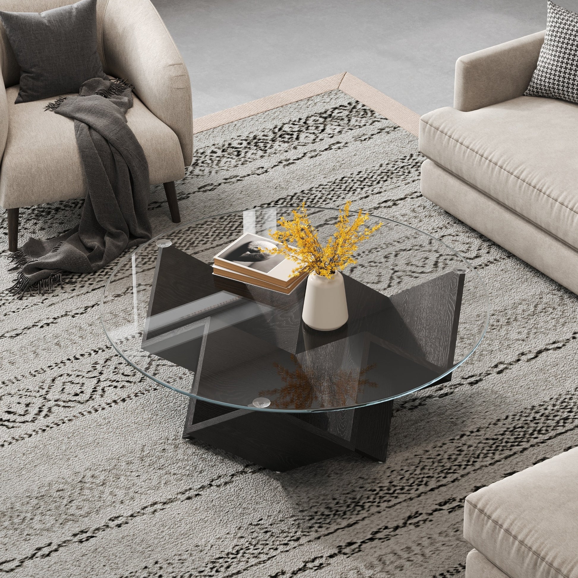 The Round Coffee Table with Glass Top and Geometric Abstract Art Deco Base Storage Shelves, Black, 35.4" image 3