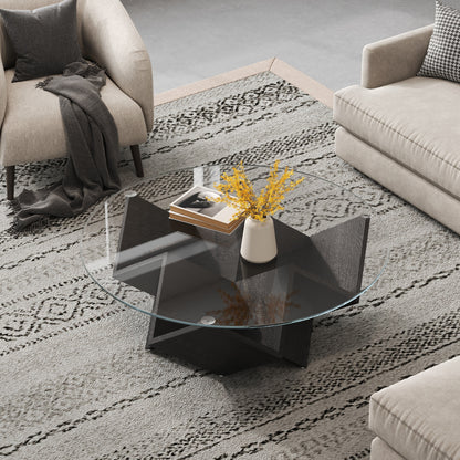 The Round Coffee Table with Glass Top and Geometric Abstract Art Deco Base Storage Shelves, Black, 35.4" image 3