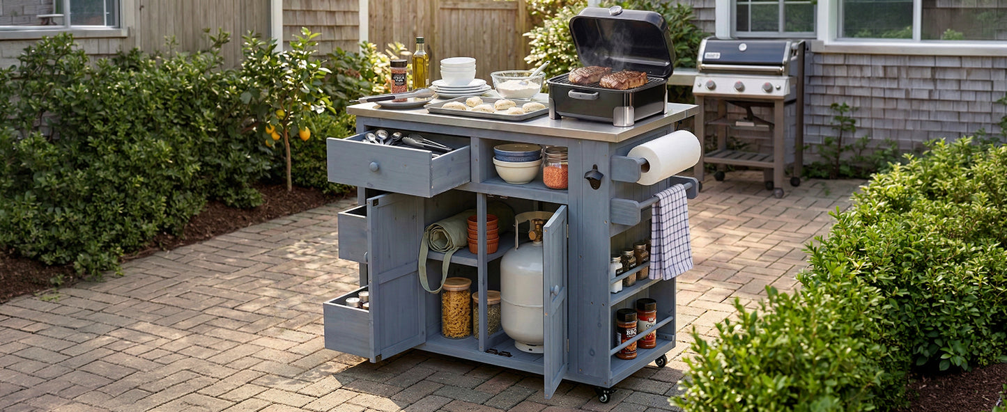 TOPMAX Outdoor Solid Wood Extendable 19.3''/28'' Kitchen Island, Stainless Steel Top Grill Table with Side Spice Rack, Kitchen Cart with Drawers, Storage Cabinet for Backyard, BBQ,Party, Gray image 3