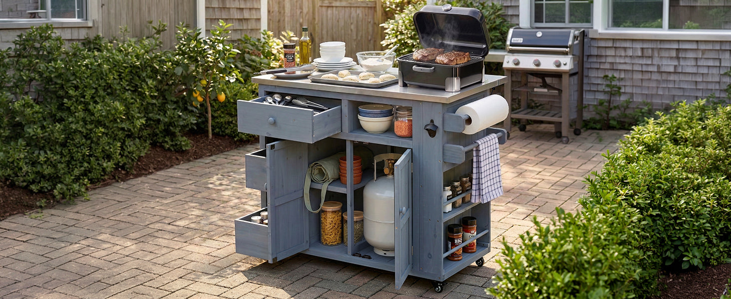 TOPMAX Outdoor Solid Wood Extendable 19.3''/28'' Kitchen Island, Stainless Steel Top Grill Table with Side Spice Rack, Kitchen Cart with Drawers, Storage Cabinet for Backyard, BBQ,Party, Gray image 3