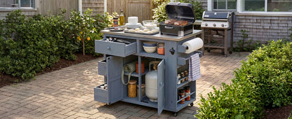 TOPMAX Outdoor Solid Wood Extendable 19.3''/28'' Kitchen Island, Stainless Steel Top Grill Table with Side Spice Rack, Kitchen Cart with Drawers, Storage Cabinet for Backyard, BBQ,Party, Gray image 3
