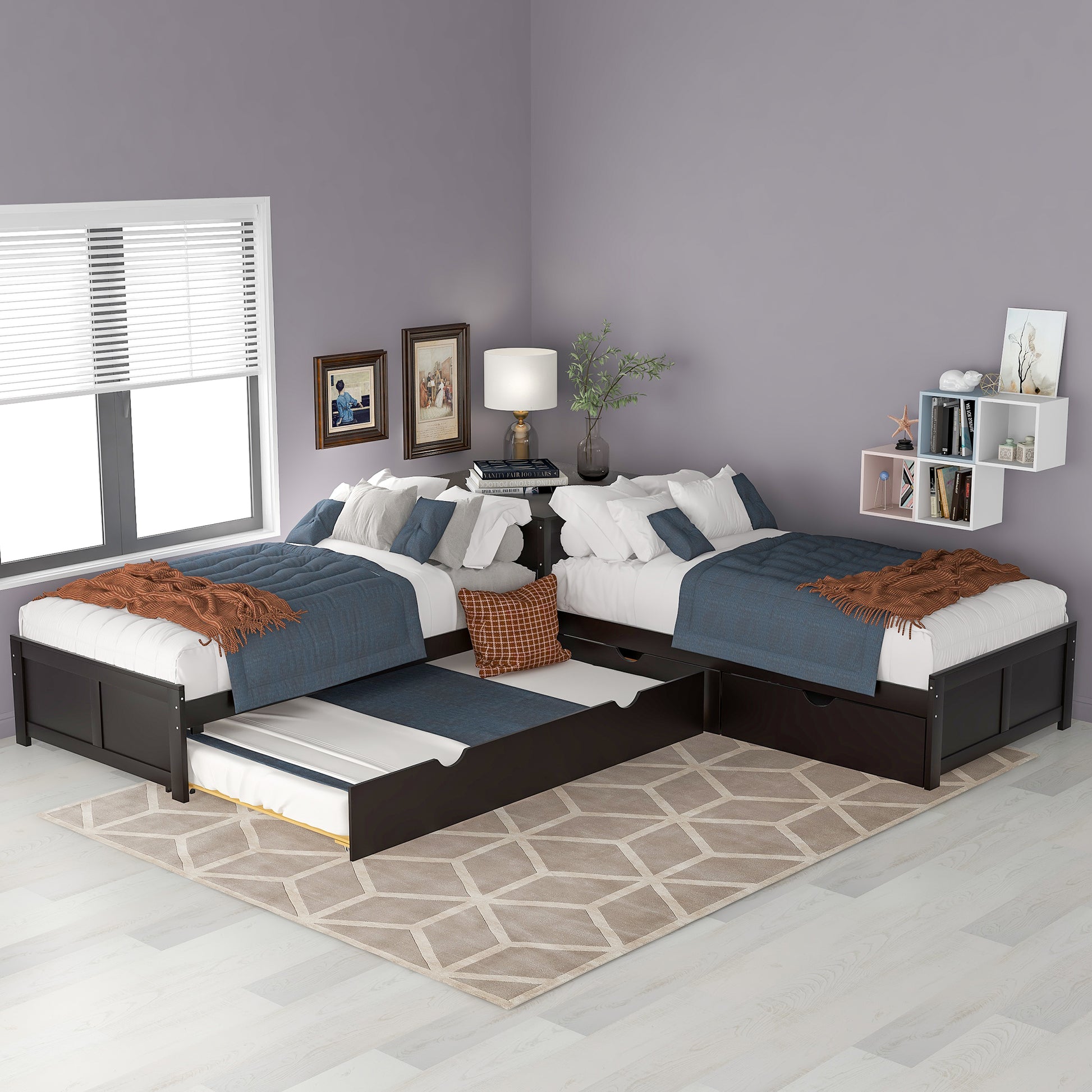 L-shaped Platform Bed with Trundle and Drawers Linked with built-in Desk,Twin,Espresso(Old SKU:SM000916AAP) image 1