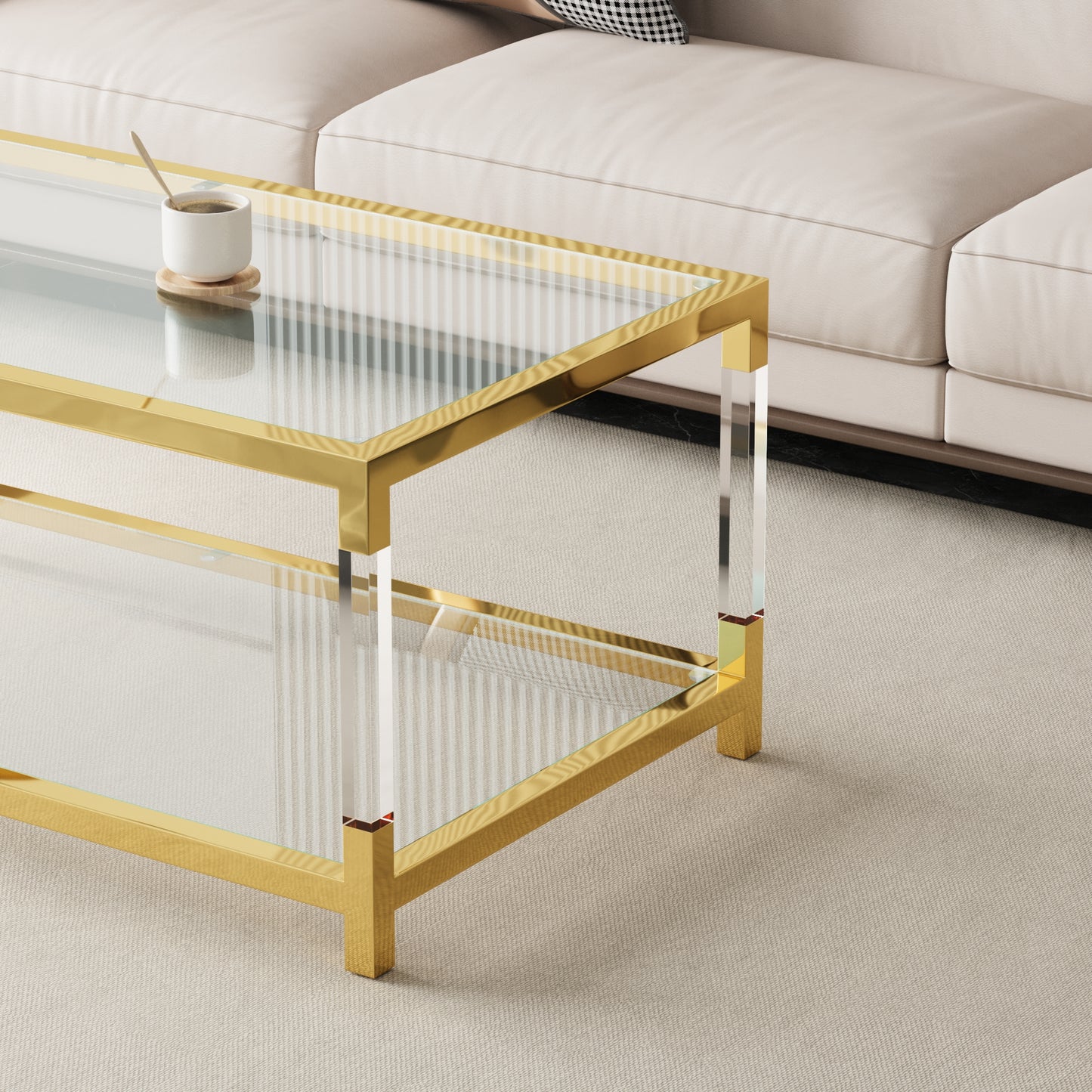 Modern Acrylic Leg Coffee Table, Double Layer Tempered Glass Top with Golden Metal Frame, 47.2x23.6x17.7 Inch Living Room Furniture image 5