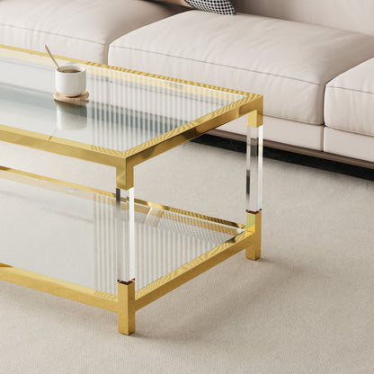Modern Acrylic Leg Coffee Table, Double Layer Tempered Glass Top with Golden Metal Frame, 47.2x23.6x17.7 Inch Living Room Furniture image 5