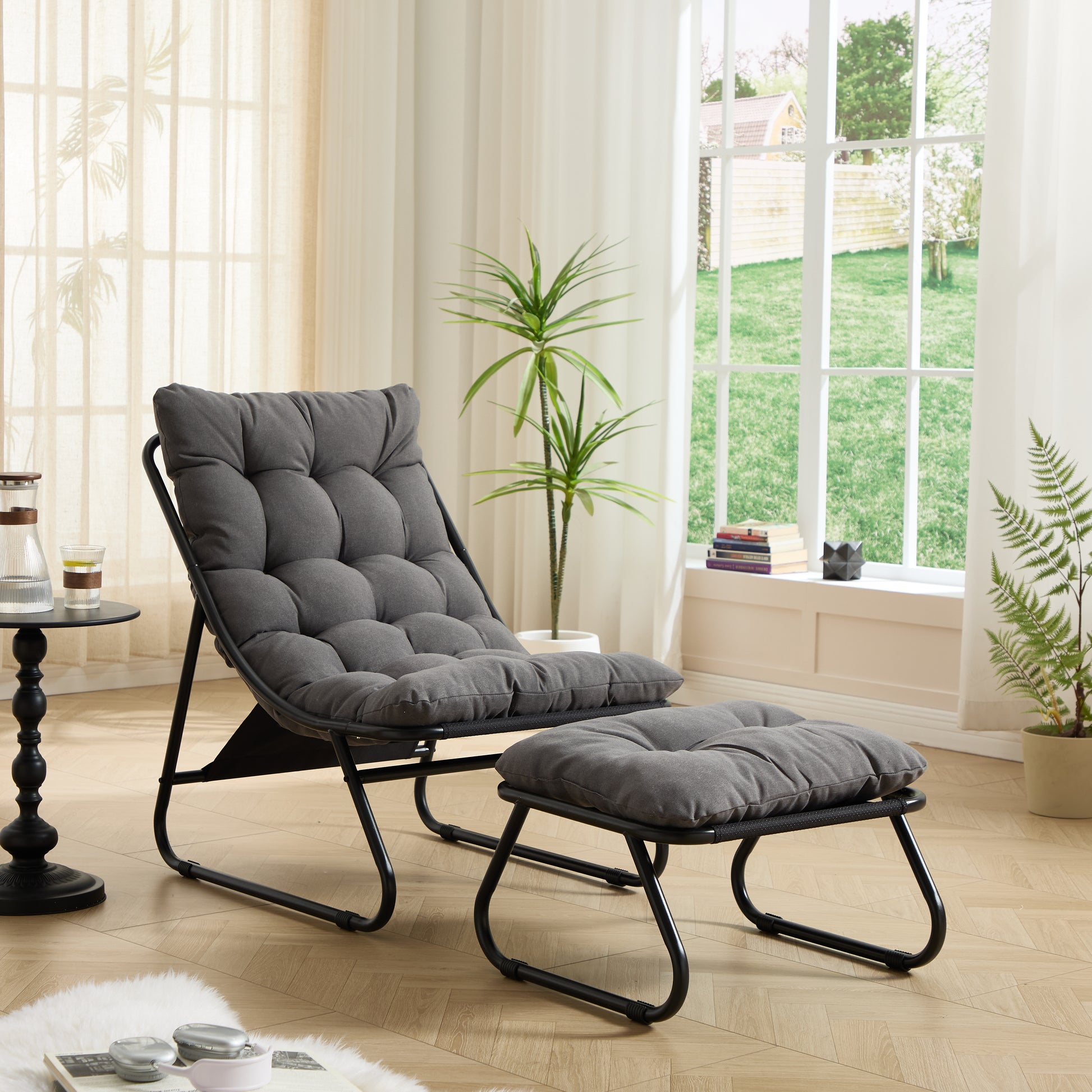 Patio Outdoor Lounge Chair with Ottoman, Comfy Sling Recliner Chair with Puffy Cushion and Foot Stool, Ideal for Living Room, Bedroom, Reading Room, Black frame with grey cushion image 1