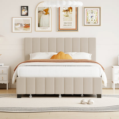 Queen Size Velvet Upholstered Platform Bed with 2 Drawers and 1 Twin XL Trundle- Beige image 3