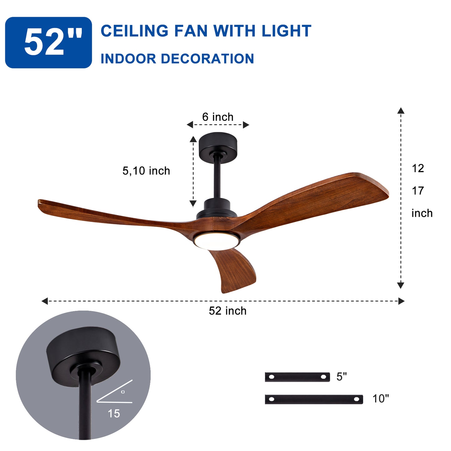 52" indoor Ceiling Fan with Light,3 Walnut Solid Wood Blade, Remote Control,3 CCT Dimmable LED, Timer, 6-Speed Reversible Motor Use for Living Room or Patio image 10
