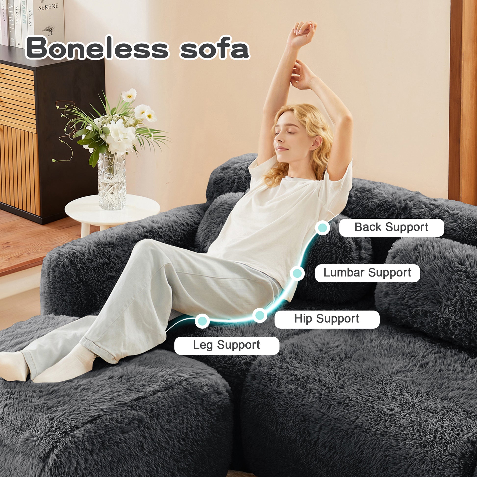 2-seater Modular Sectional Sofa Couches,Soft Fluffy Plush Fabric Bottom Anti-Slip Design,32D High Density Sponge,No Assembly Required Ergonomic Design,With Throw Pillows Fits Living Rooms,Dark Grey image 9