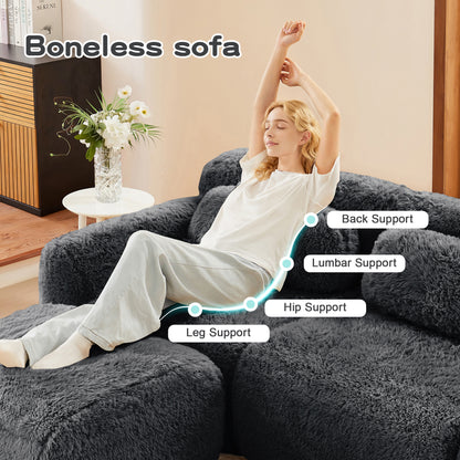 2-seater Modular Sectional Sofa Couches,Soft Fluffy Plush Fabric Bottom Anti-Slip Design,32D High Density Sponge,No Assembly Required Ergonomic Design,With Throw Pillows Fits Living Rooms,Dark Grey image 9