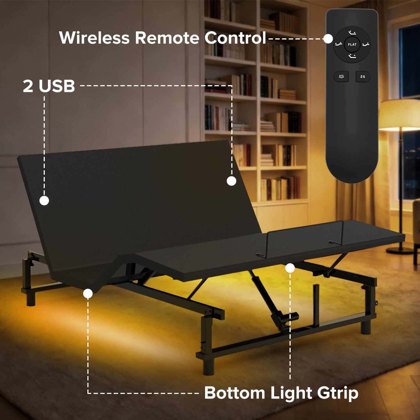Adjustable Bed Base Frame Queen Bed Frame with Head and Foot Incline Wireless Remote 4 Ports USB, Under-Bed Nightlights, Zero Gravity Quiet Motor Black Queen image 9
