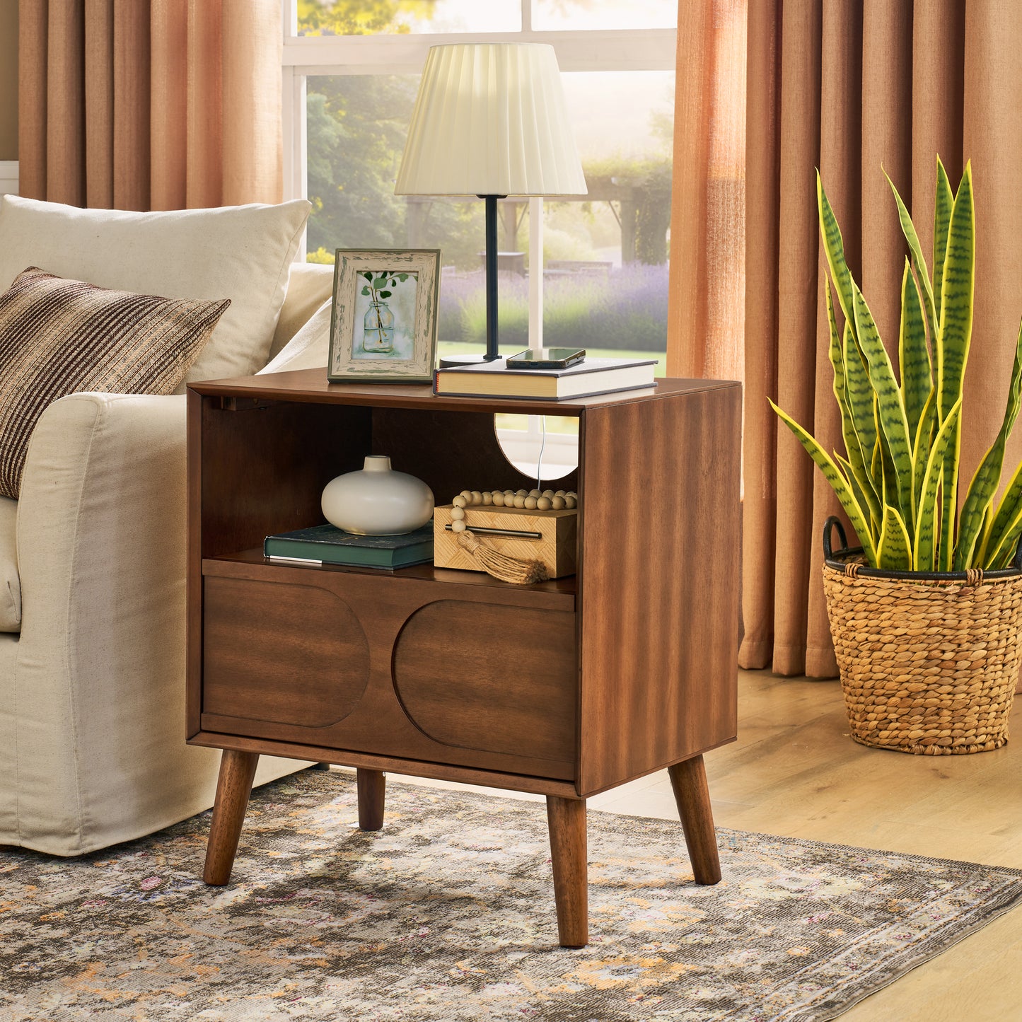 Mid Century Modern Fluted Nightstand with Charging Station USB Ports & Outlet Hole & 4 Solid Wood Legs, Farmhouse End Table with Open Space and Drawer Dresser, Walnut image 4