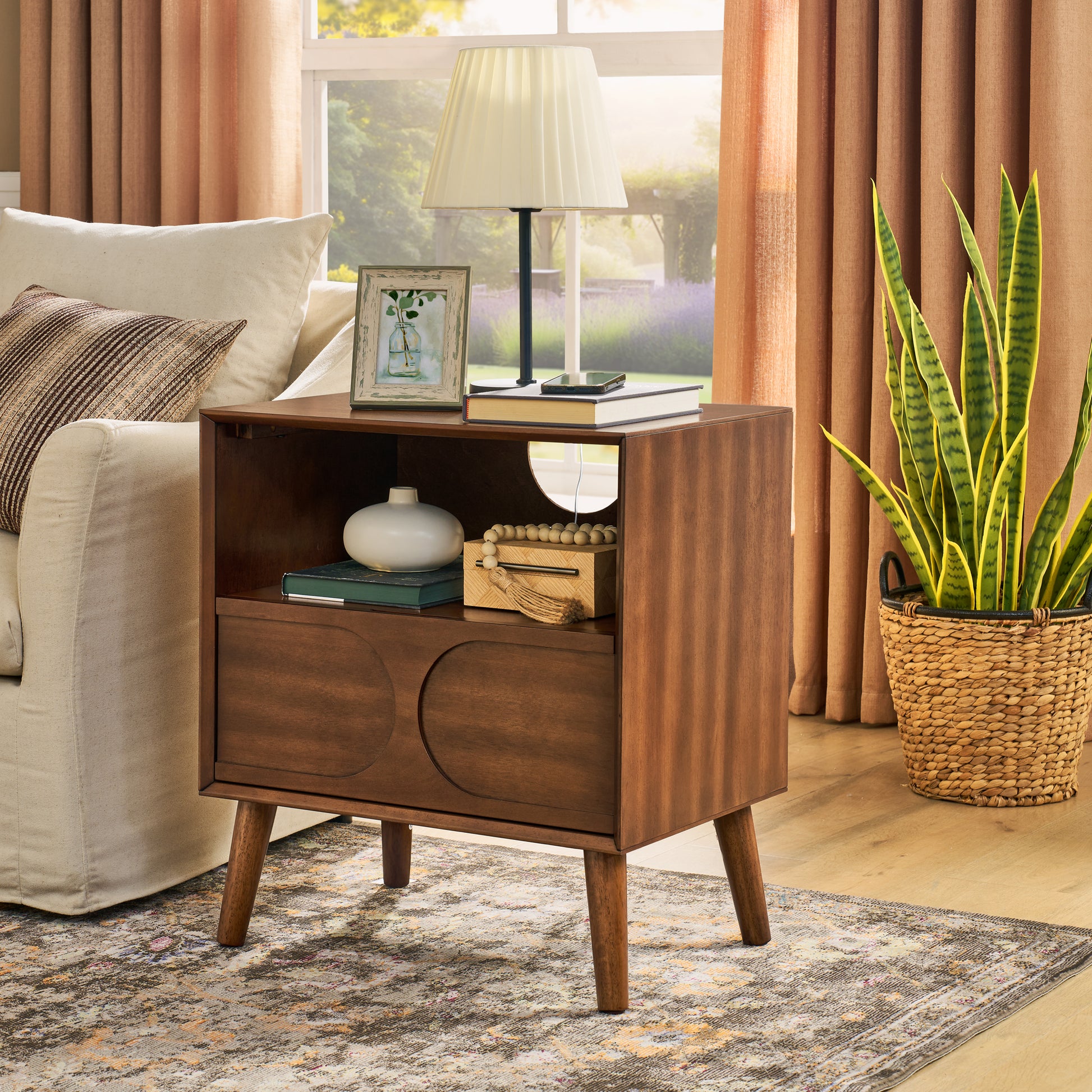 Mid Century Modern Fluted Nightstand with Charging Station USB Ports & Outlet Hole & 4 Solid Wood Legs, Farmhouse End Table with Open Space and Drawer Dresser, Walnut image 4