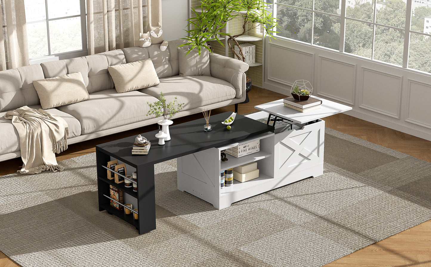 U-Can Farmhouse Lift Top Coffee Table With Barn Doors, Wood Rectangle Center Table With Large Hidden Storage Space And Open Cabinet, For Living Room, Bedroom, Home Office image 7
