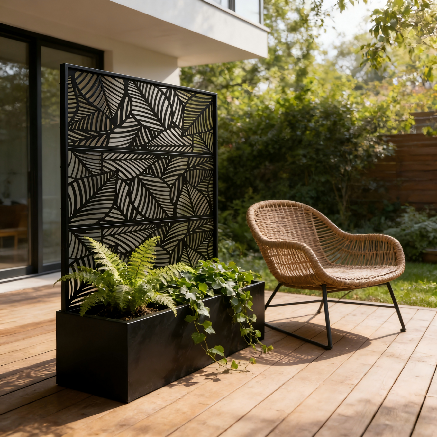 70.87" H × 46.06" W Leaf Pattern Privacy Screen with Planter Box, Black Metal Freestanding Decorative Fence Planter for Patio Balcony Backyard image 4