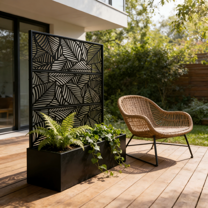 70.87" H × 46.06" W Leaf Pattern Privacy Screen with Planter Box, Black Metal Freestanding Decorative Fence Planter for Patio Balcony Backyard image 4