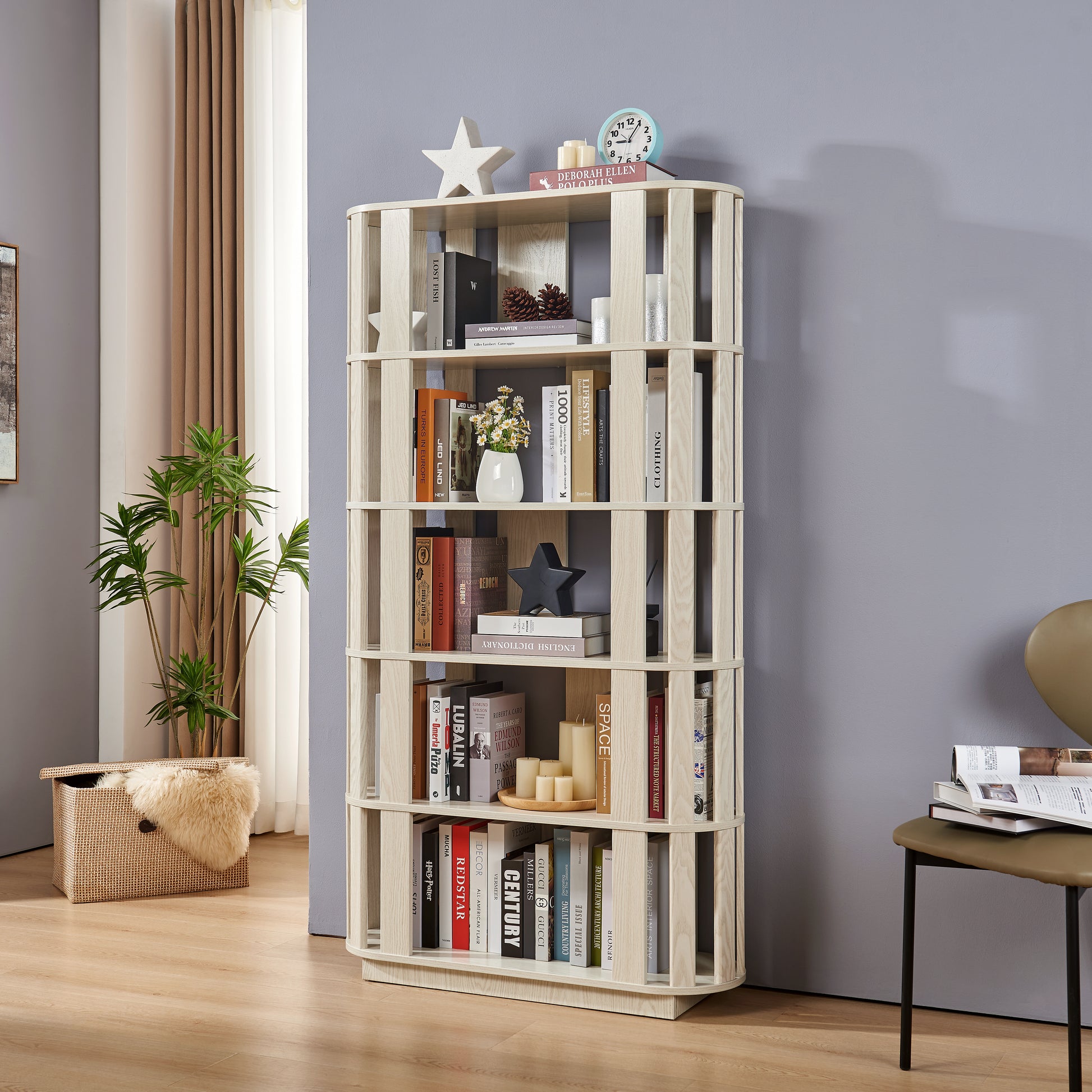 Wooden Oval Open Bookshelf, MDF Grid Frame Freestanding Bookcase, 5-Tier Easy Assembly Storage Display Rack for Living Room Home Office Decor, DIY Free Combination Storage Cabinet Study Room image 4