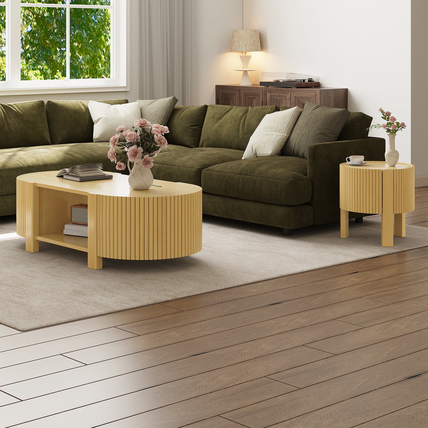 Oval Fluted Coffee Table with Storage for Living Room, Rubber Solid Wood, 1 shelf & 2 Open Storage Doors, Natural, 47" image 8