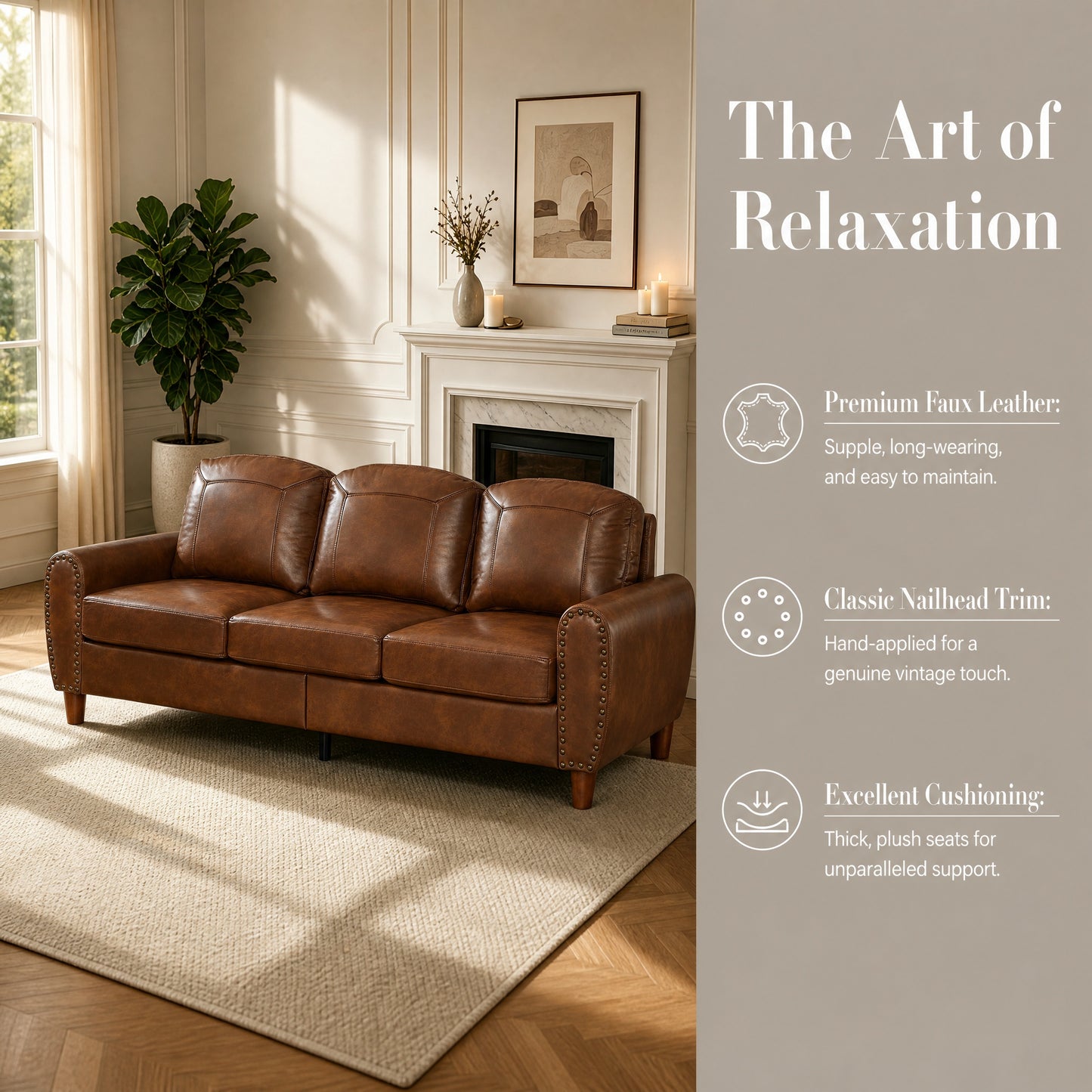 81.5" Classic Living Room Sofa Faux Leather Couch,Rolled Arm Sofa with Nails,Solid Wood Legs,Upholstered Breathable PU Leather Brown. image 10