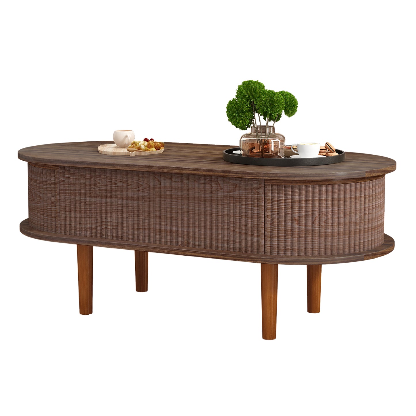 Fluted Lift Top Coffee Table with Hidden Compartment, Wooden Center Table, Modern Oval Lift Tabletop for Home Living Room Office, Walnut Color image 8
