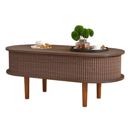 Fluted Lift Top Coffee Table with Hidden Compartment, Wooden Center Table, Modern Oval Lift Tabletop for Home Living Room Office, Walnut Color image 8