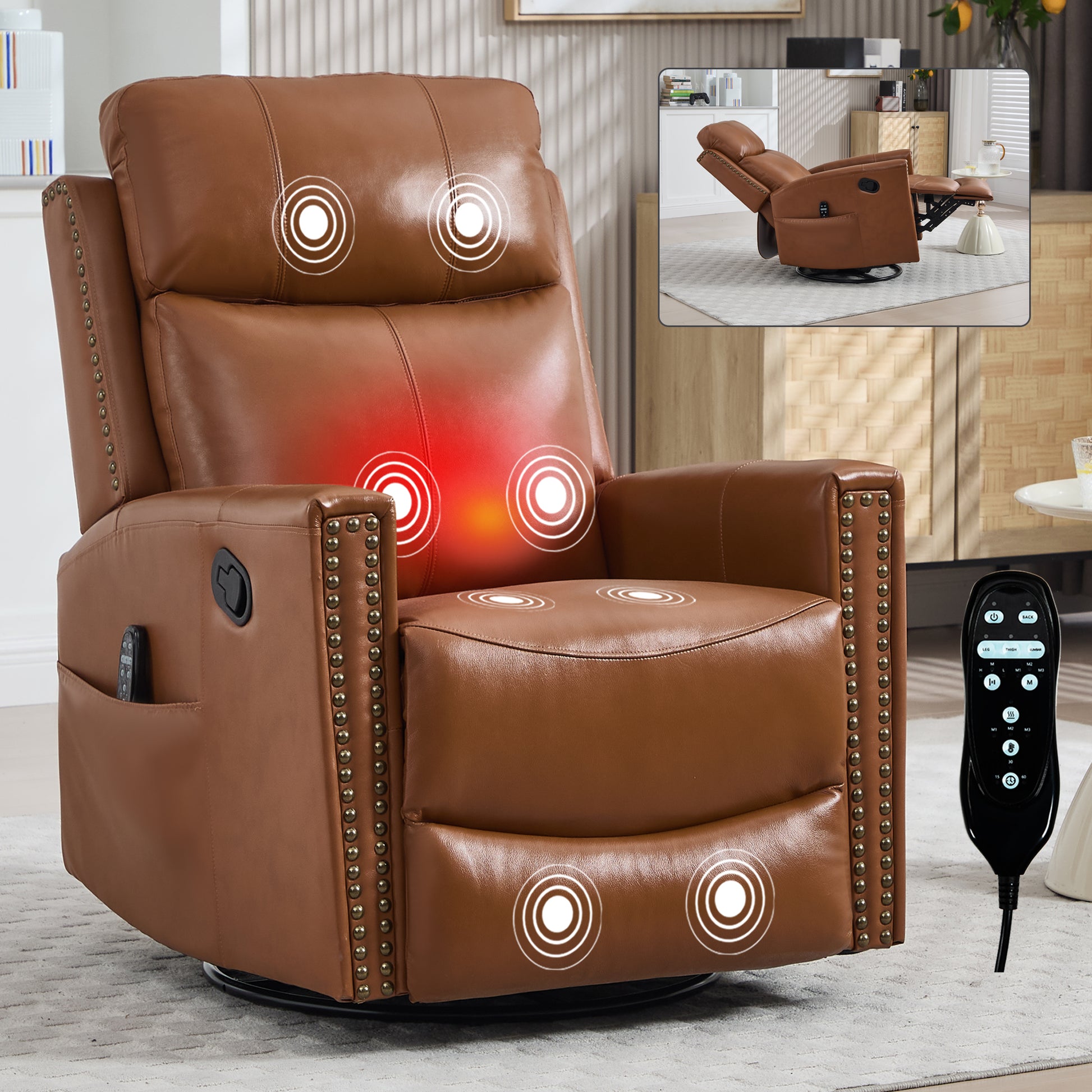 Deep Yellow Genuine Leather Heat Massage Manual Recliner Chair with Rocker and Swivel for Living Room image 1