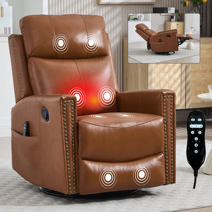 Deep Yellow Genuine Leather Heat Massage Manual Recliner Chair with Rocker and Swivel for Living Room image 1