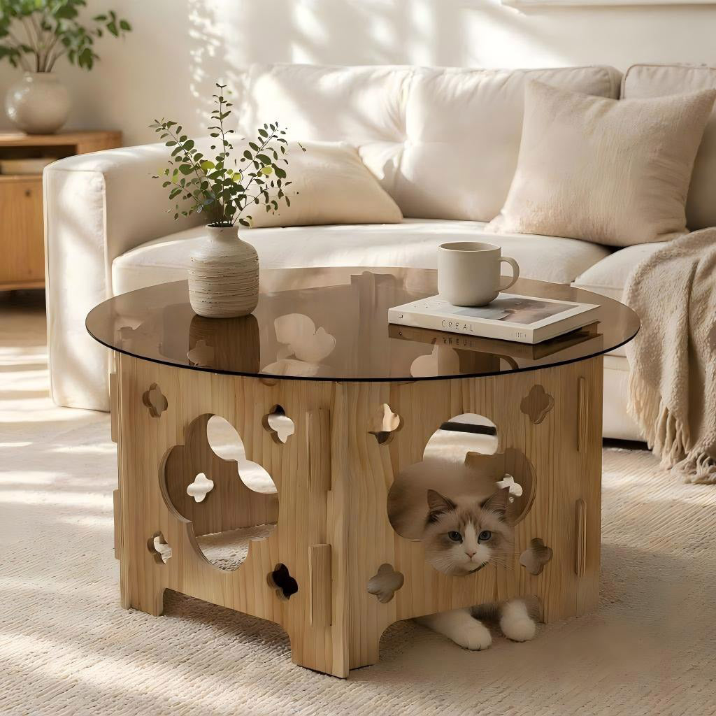 31.1'' Round Tempered Glass Coffee Table, Caramel Tabletop with Floral Hollow Wood Base, Farmhouse Center Tea Table for for Living Room, Small Spaces, Office, Easy Assembly. Natural+Caramel. image 1