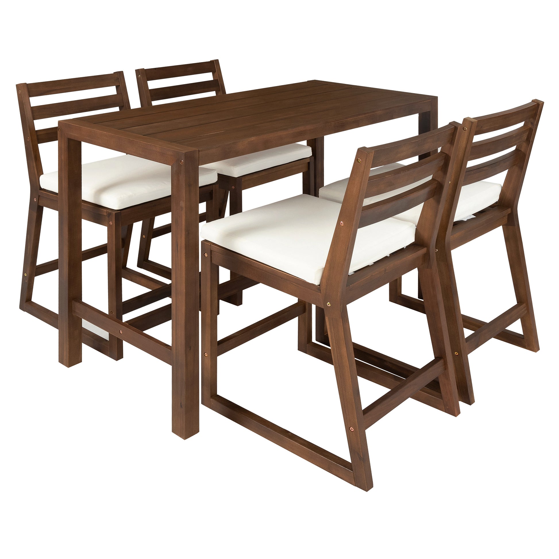 TREXM 5-Piece Rustic Patio Bar Set, Patio Table and Chairs Set with Ergonomic Chairs, Solid Wood Slatted Tabletop for Poolside, Balcony, Backyard, Porch (Mocha+Beige Cushion) image 2