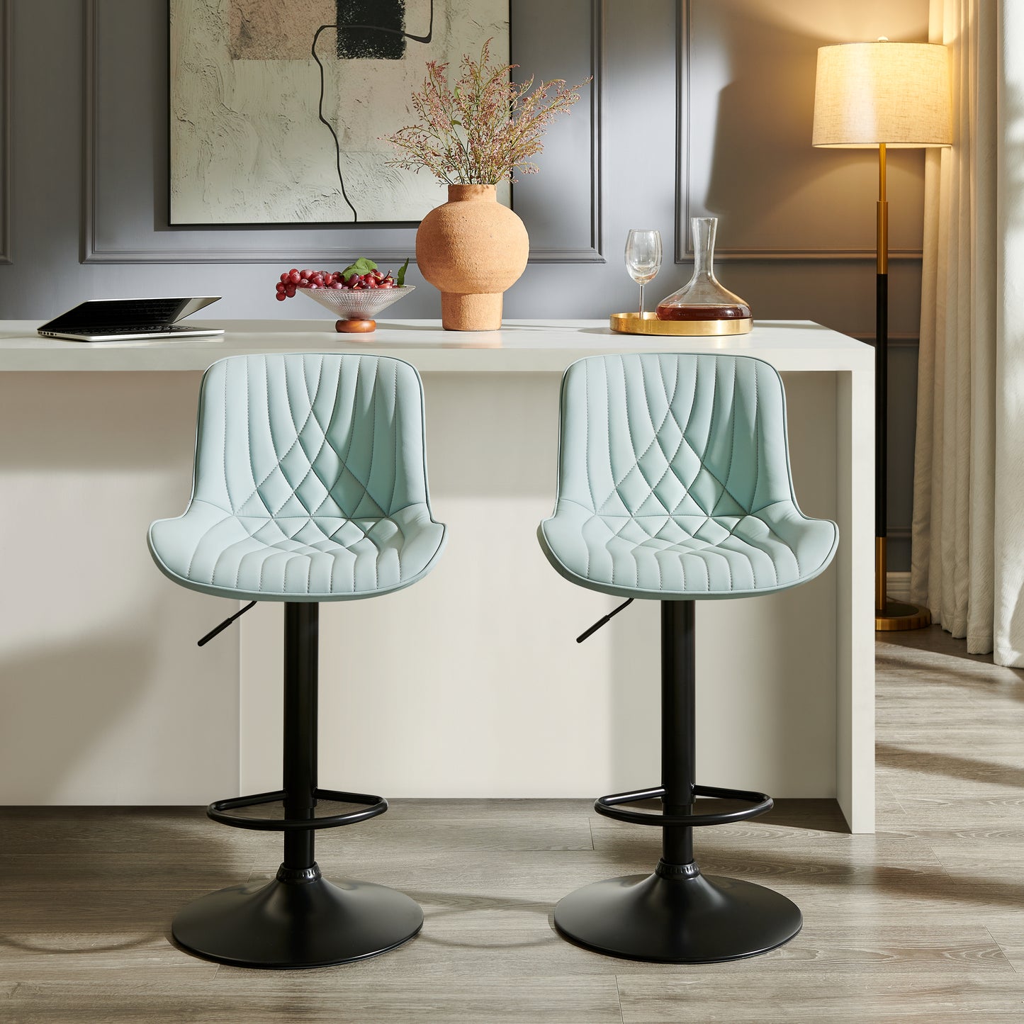 Kovyn Contemporary Adjustable Barstool with Faux Leather Swivel Seats, Set of 2, Blue image 4